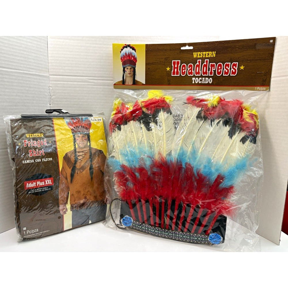 Male Native American Fringed Shirt XXL Feather Headdress Costume Set Halloween